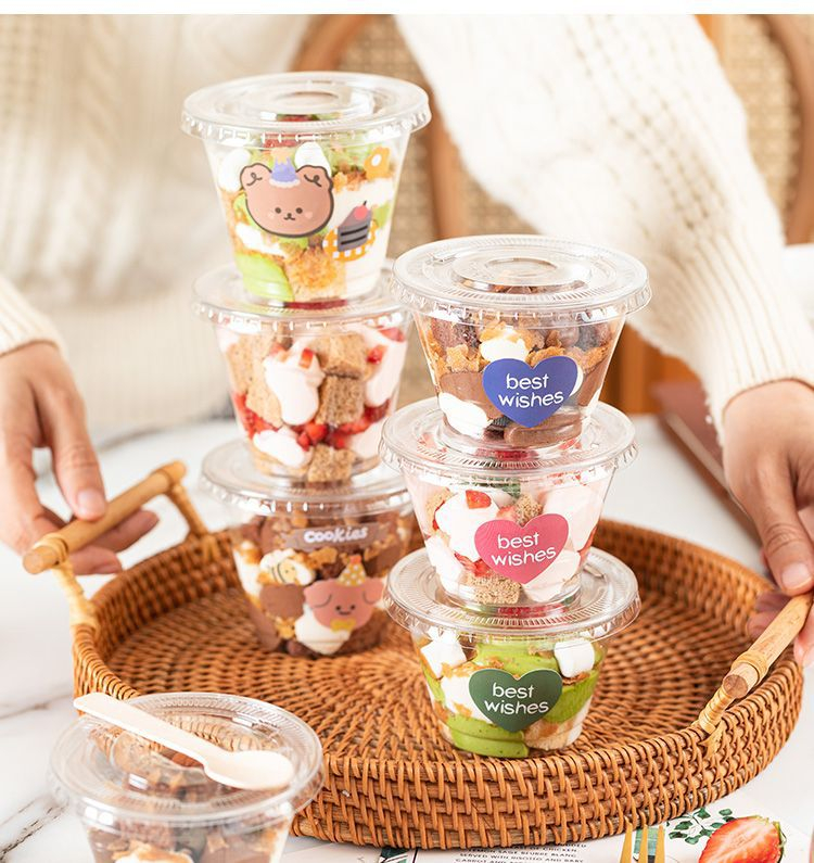 Dessert Cups Disposable Round Double Skin Milk Mousse Cup Pudding Jelly Tiramisu Dessert Transparent Cup with Lid