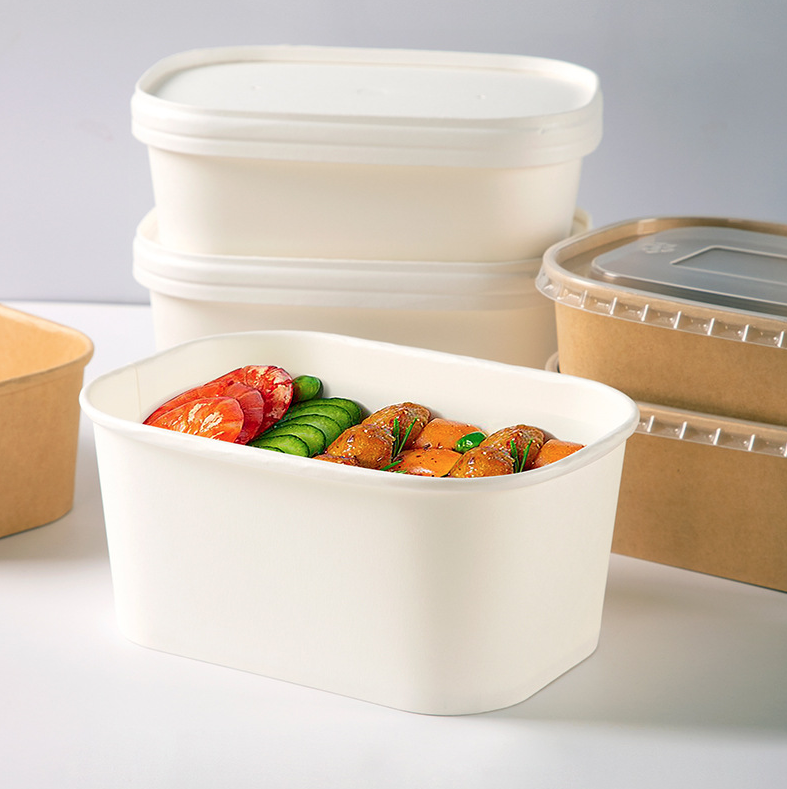 Wholesale Restaurant Take Away Food Rectangle Bowl Disposable Kraft Paper Square Bottom Salad Bowl Lunch Box With Lid