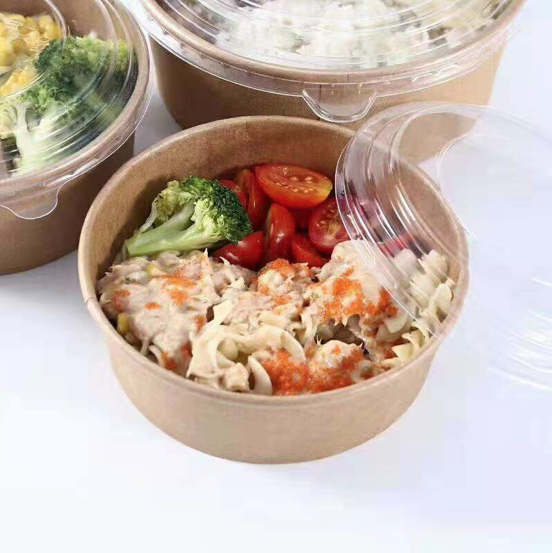 Disposable Take Away Kraft Paper Salad Bowl with PET Lid Kraft Paper Bowl