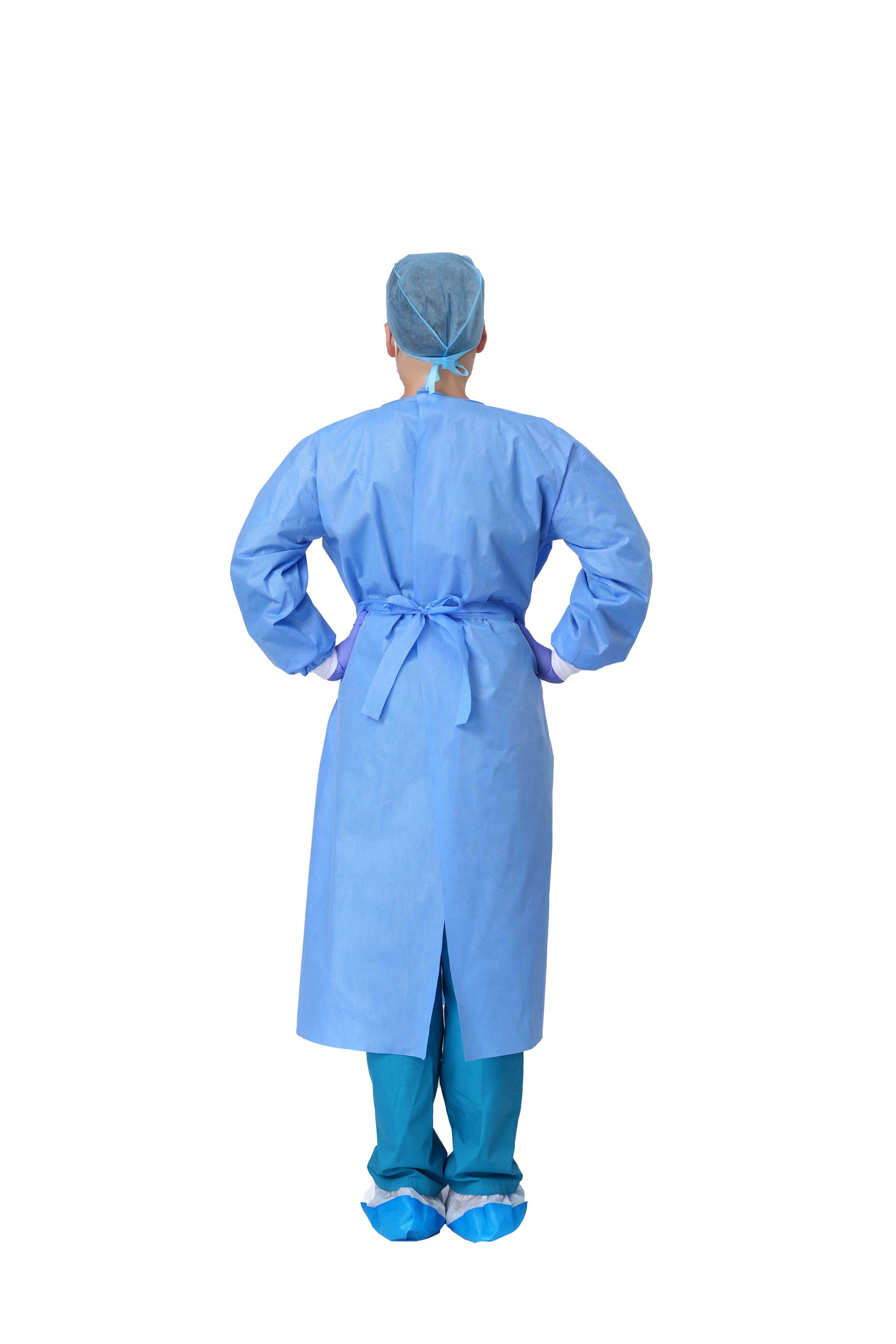 SMS Disposable Isolation Gown Baluster Fully Closed Double Tie Neck And Waist, SMS 35g, Knitted Cuffs, Fluid Resistant, Blue, Unisex