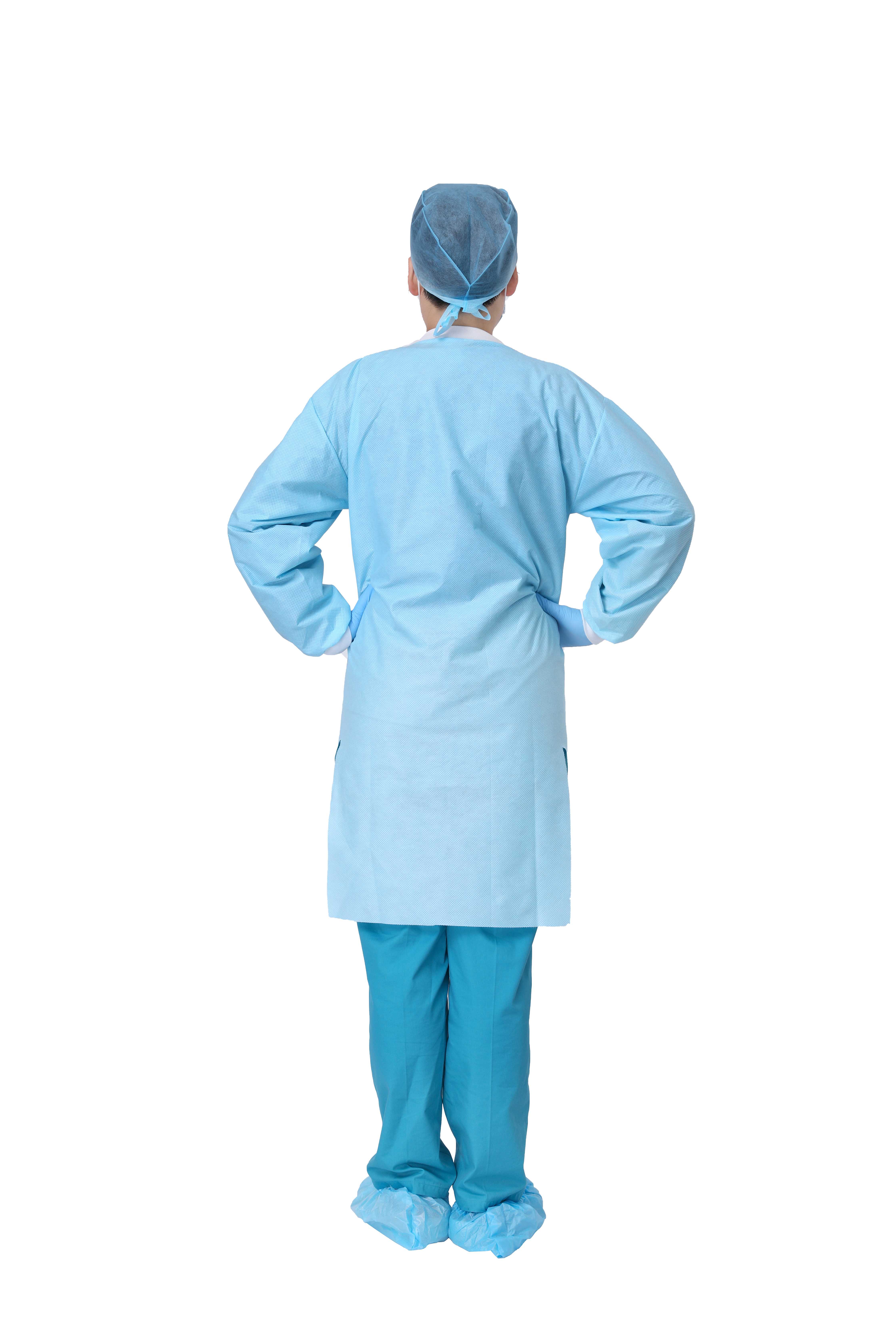 Disposable Lab Coat, 3 Pockets, Thicker Short Blue SMS Smock with Knitted Cuffs And Collar