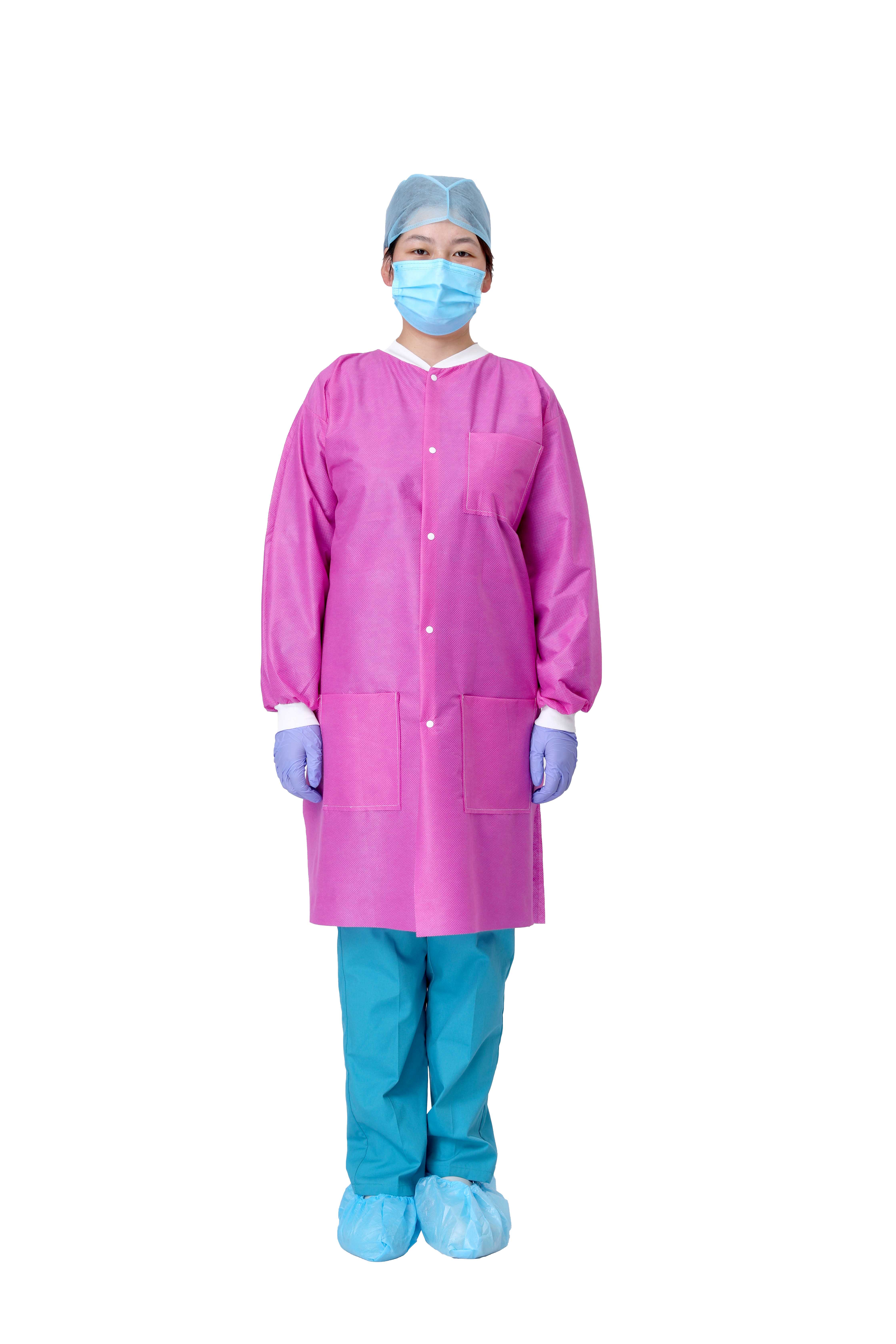 Disposable SMS Lab Coat Blue with Pockets for Adult Knitted Collar And Cuffs Breathable Fluid Resistant (Large)