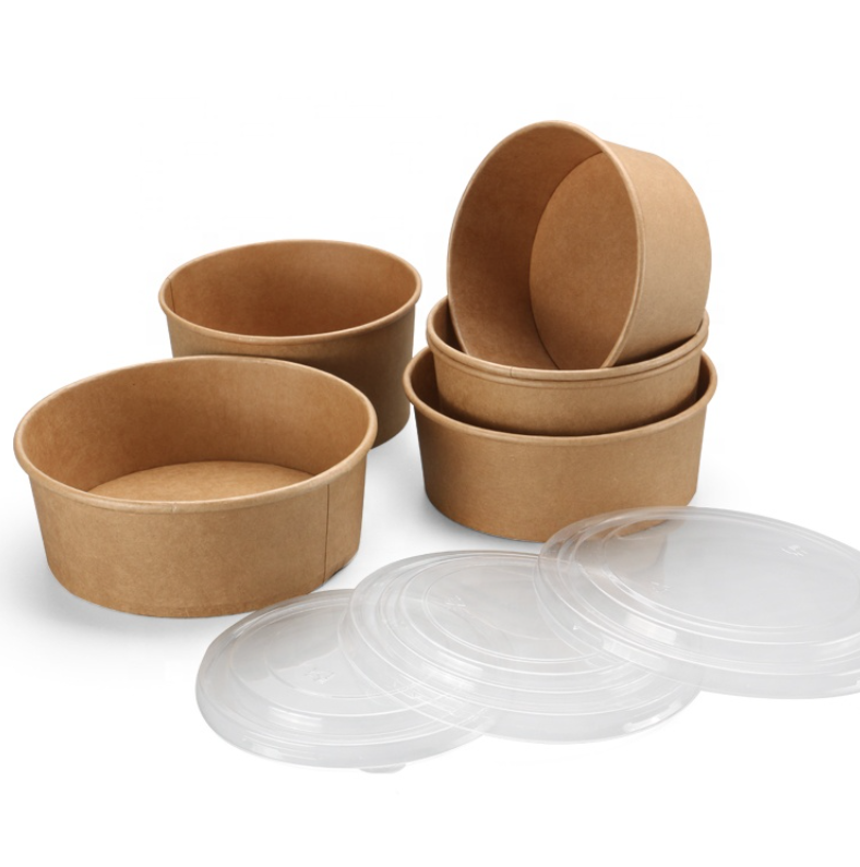 Disposable Take Away Kraft Paper Salad Bowl with PET Lid Kraft Paper Bowl