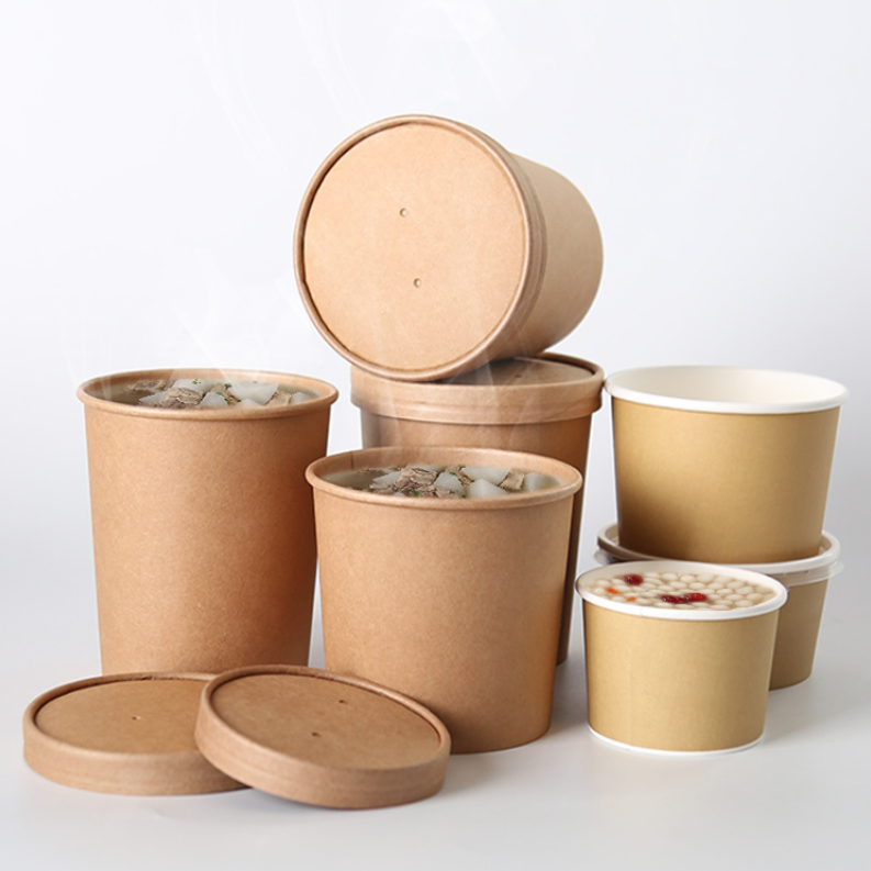 Custom Printed Disposable Take Away Hot Soup Bowls, Kraft Paper Soup Cup with Paper Lid