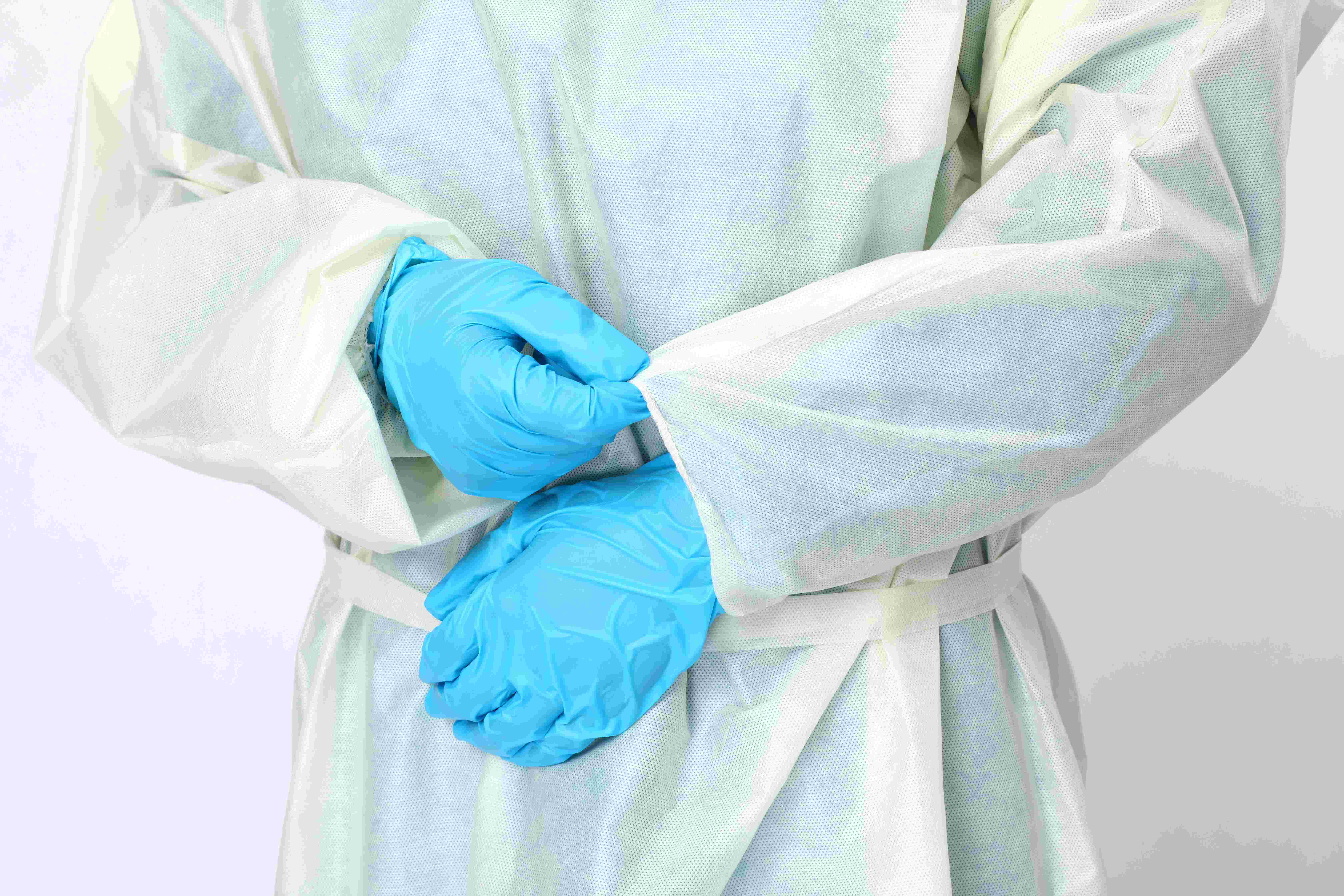 Medical Supply Polyethylene Isolation Gowns. Blue Disposable Gowns. Adult Waterproof PE Surgical Gowns with Long Sleeves, Elastic Cuff, Waist Ties, Knee Length. Unisex Non Sterile Gowns