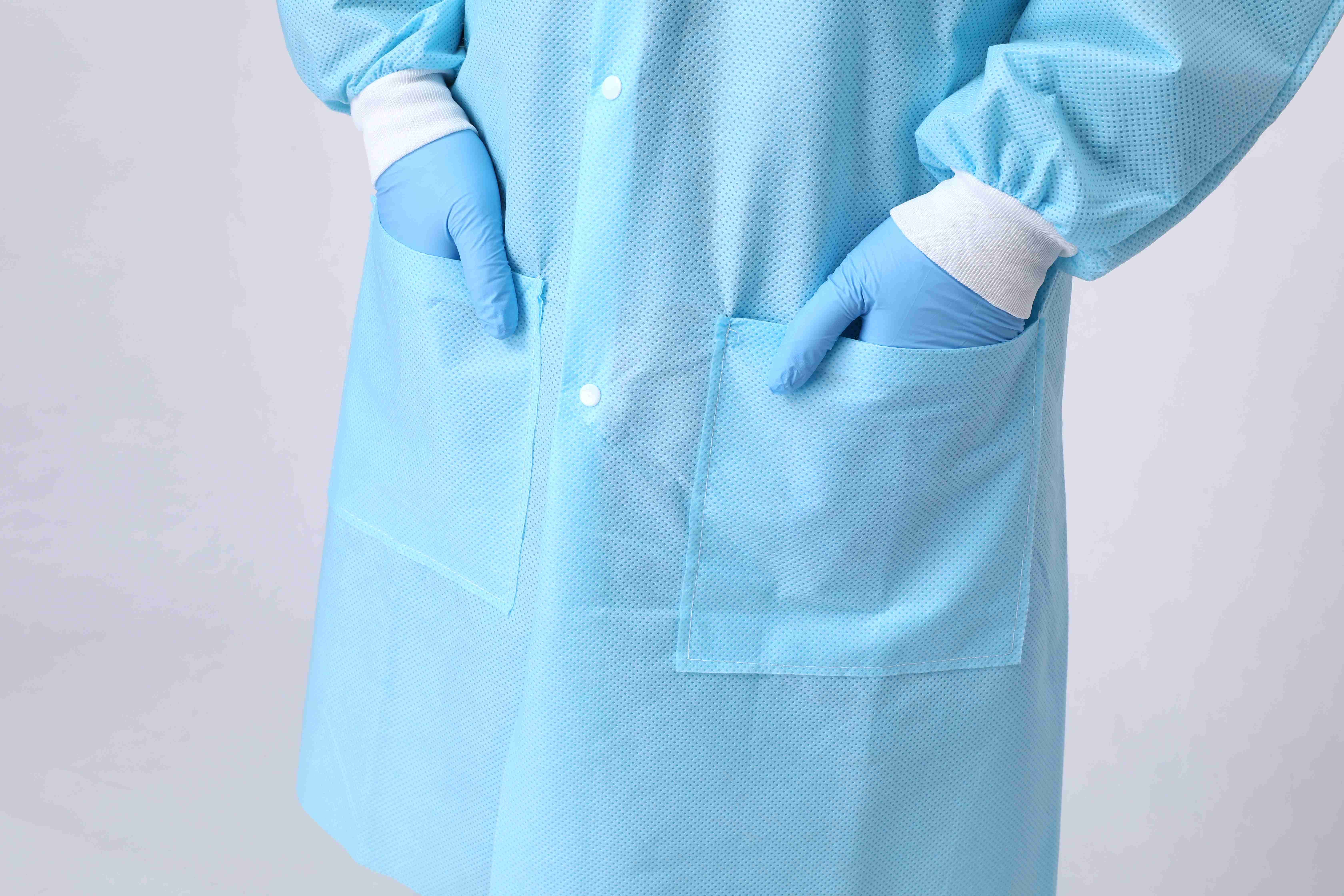 Disposable Lab Coat, 3 Pockets, Thicker Short Blue SMS Smock with Knitted Cuffs And Collar