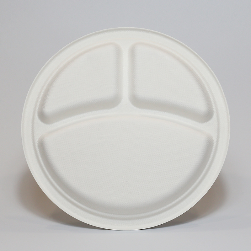 Biodegradable 10inch 3 compartment bagasse plate sugarcane plate takeaway round plate