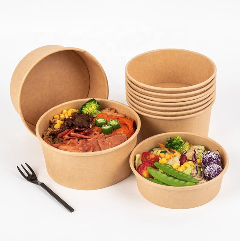 Custom Logo Disposable Kraft Paper Bowl Fast Food Salad Bowl with Lid