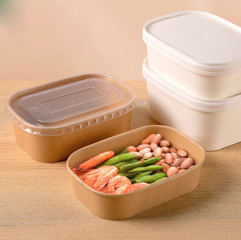 Wholesale Restaurant Take Away Food Rectangle Bowl Disposable Kraft Paper Square Bottom Salad Bowl Lunch Box With Lid