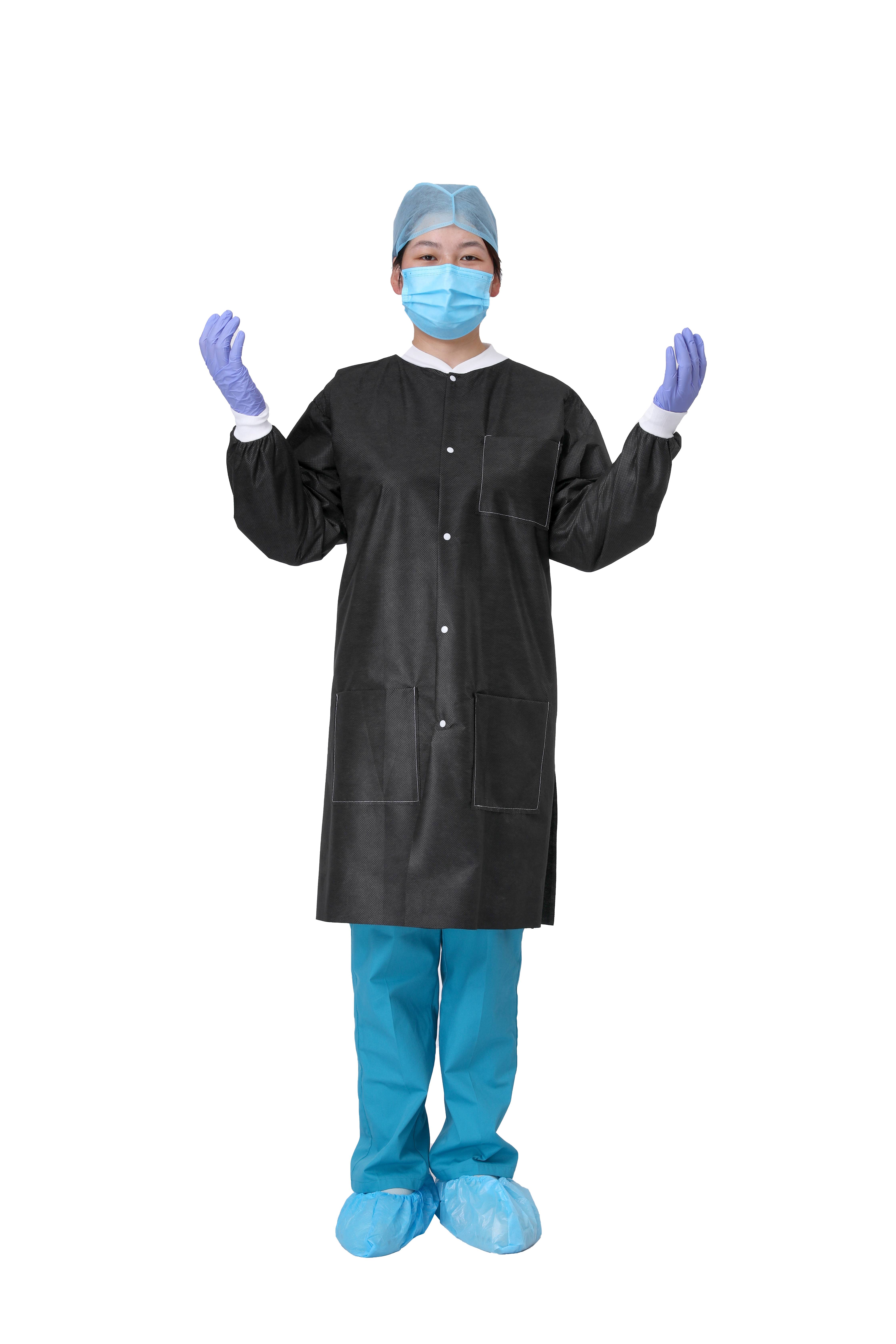 Disposable SMS Lab Coat Blue with Pockets for Adult Knitted Collar And Cuffs Breathable Fluid Resistant (Large)