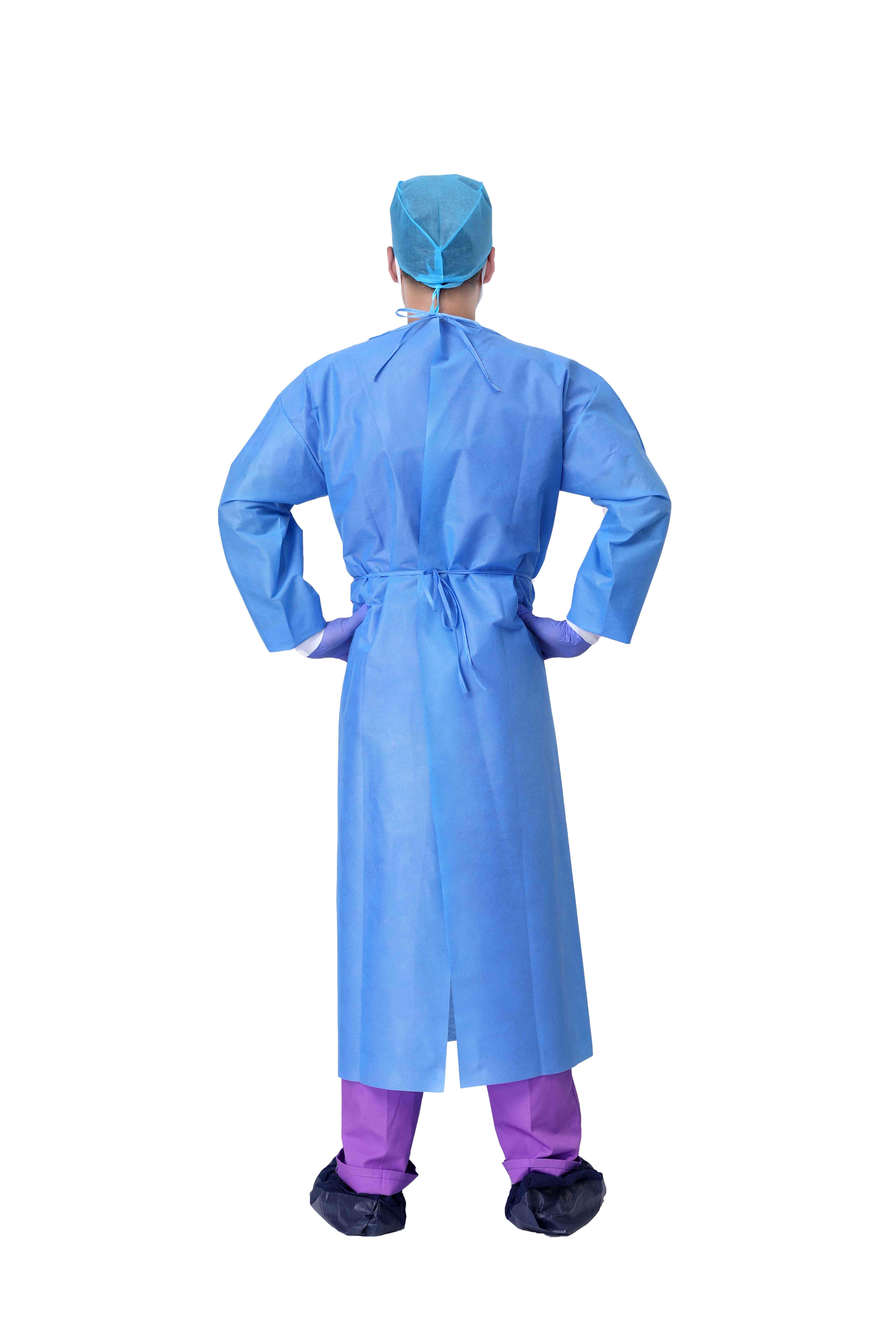 SMS Disposable Isolation Gown Baluster Fully Closed Double Tie Neck And Waist, SMS 35g, Knitted Cuffs, Fluid Resistant, Blue, Unisex