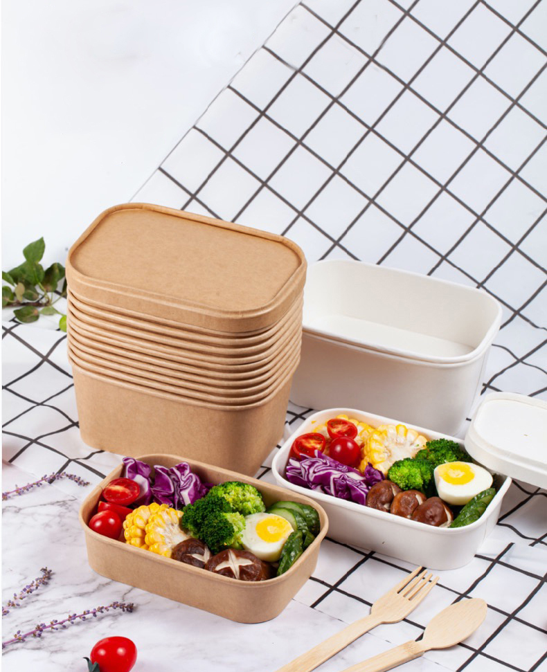 Wholesale Restaurant Take Away Food Rectangle Bowl Disposable Kraft Paper Square Bottom Salad Bowl Lunch Box With Lid