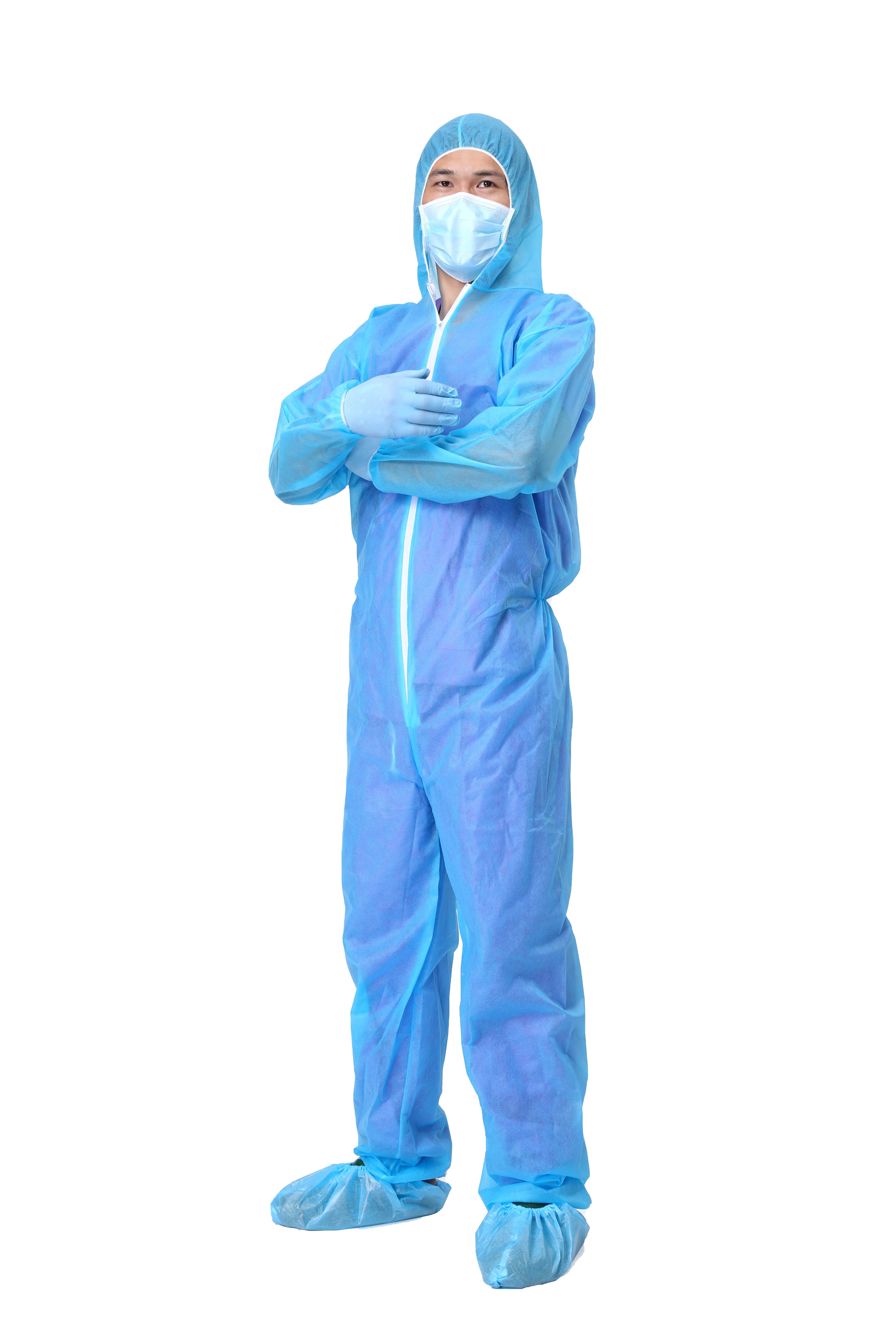 Disposable SPP Isolation Polypropylene Hooded Coverall with Zip Tie in Hand 