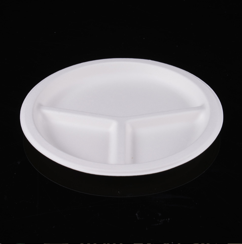 Customizable 9" 3 Compartment Greaseproof And Waterproof Eco Friendly Paper 9 Inch Sugarcane Bagasse Plate Biodegradable