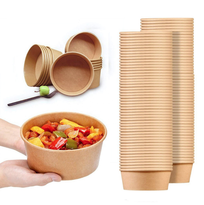 Salad Bowl Biodegradable Eco Friendly PLA Lined Kraft Paper 32oz Salad Bowl with Plastic Lid Customized Packing Customized Color