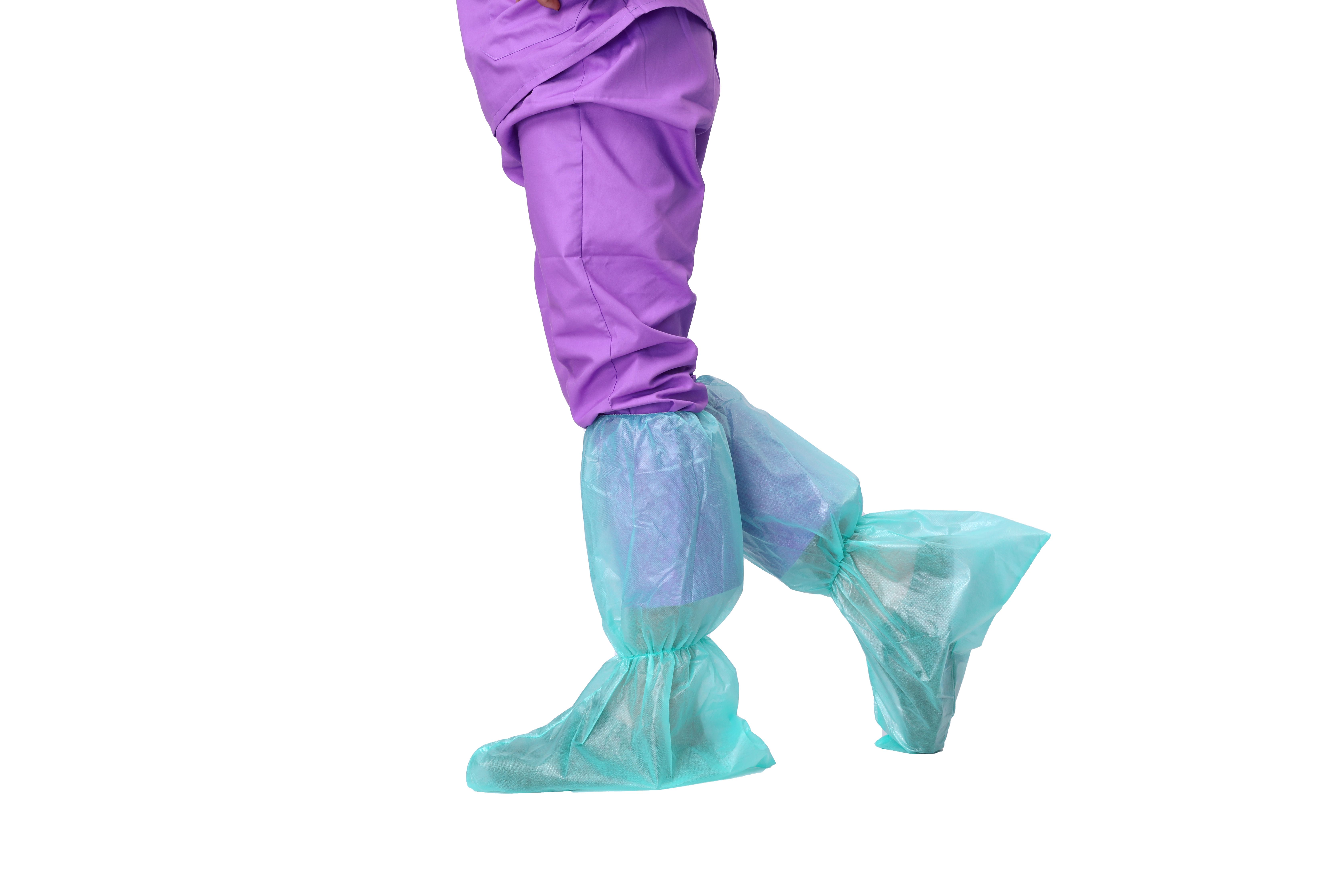 Disposable Boot And Shoe Covers - 18" Tall Non-Slip Protectors - Water And Skid Resistant Boot Covers - Hazmat Shoe Covers - Blue, Large