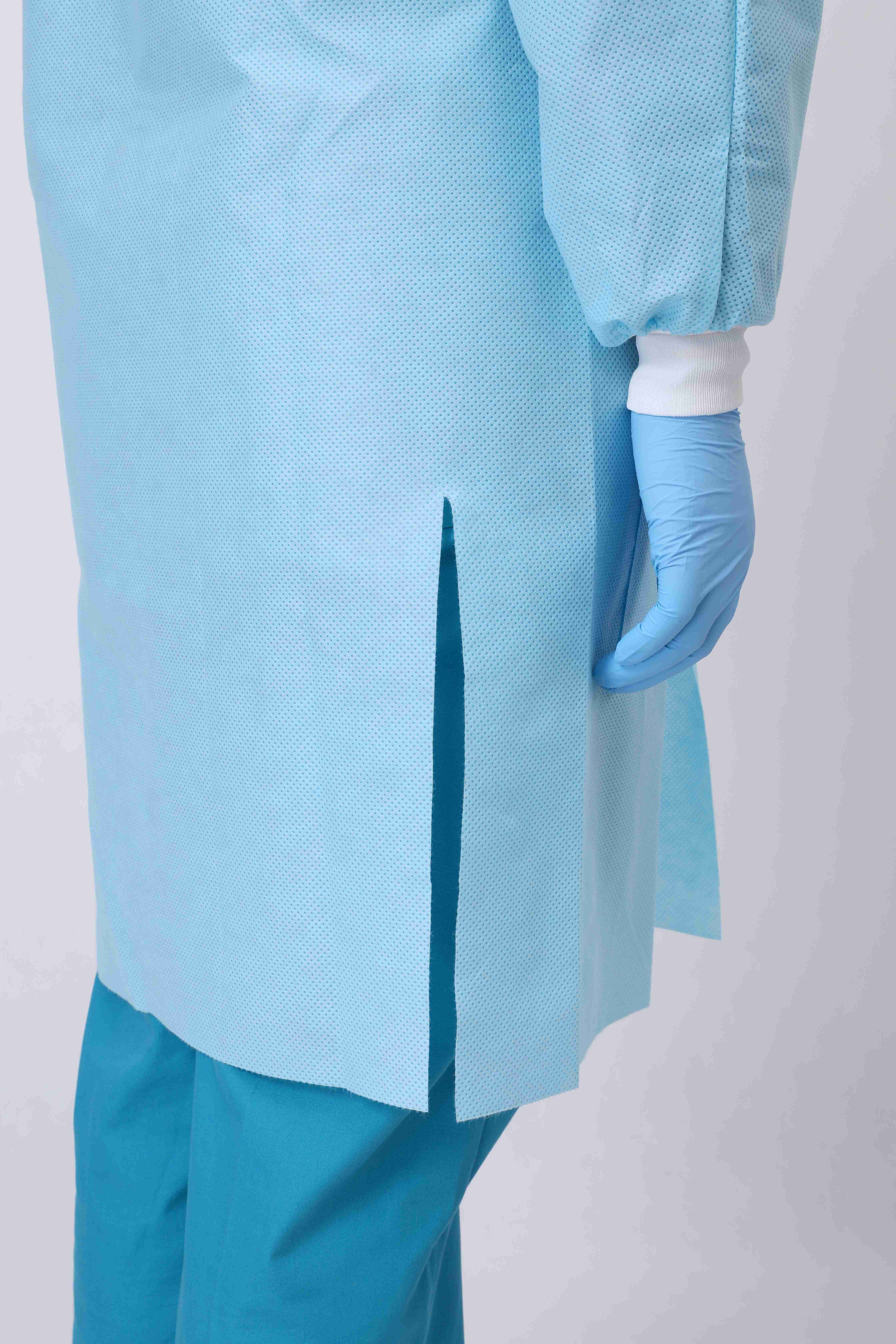 Disposable Lab Coat, 3 Pockets, Thicker Short Blue SMS Smock with Knitted Cuffs And Collar