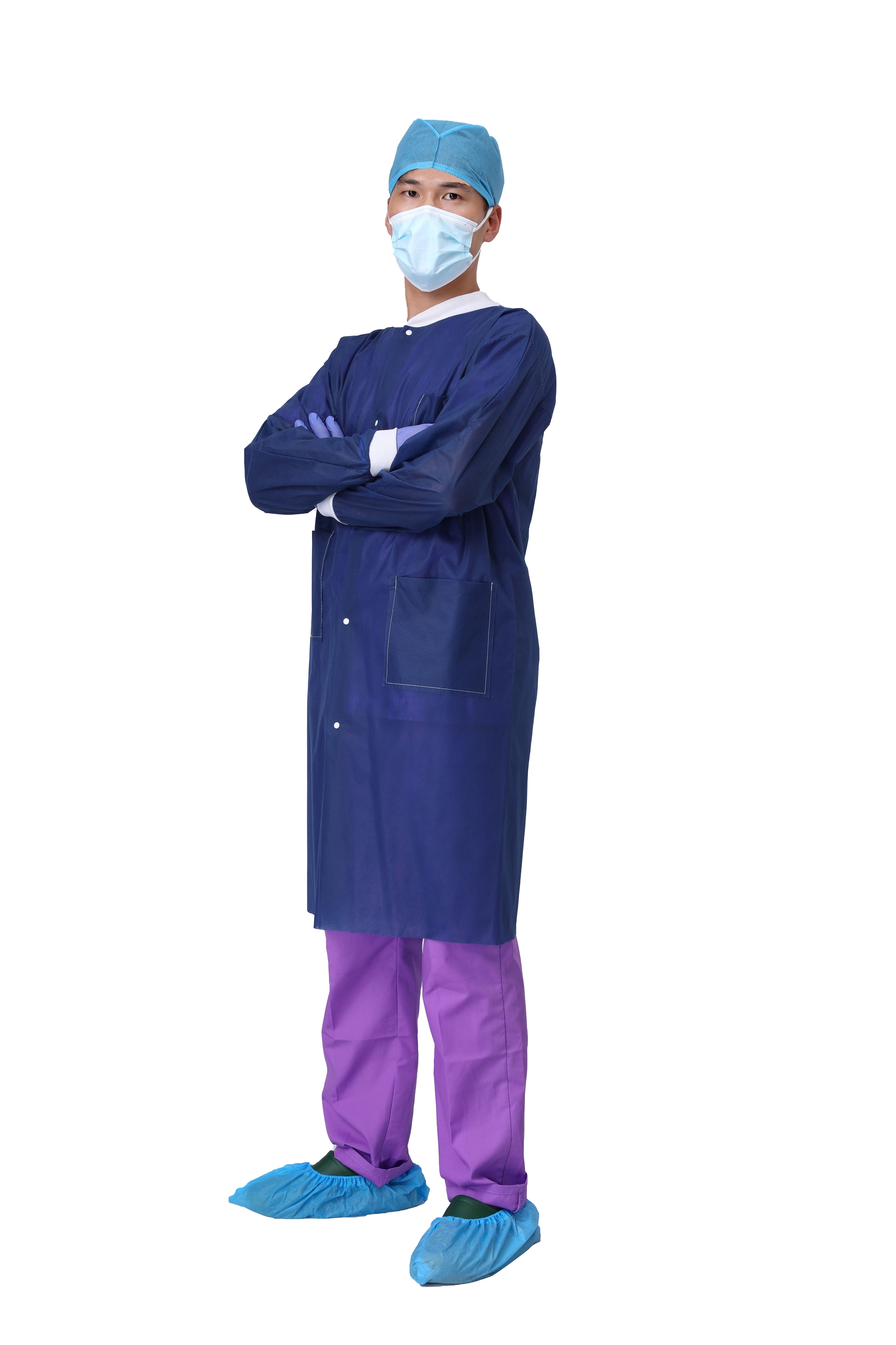 Disposable SMS Lab Coat Blue with Pockets for Adult Knitted Collar And Cuffs Breathable Fluid Resistant (Large)