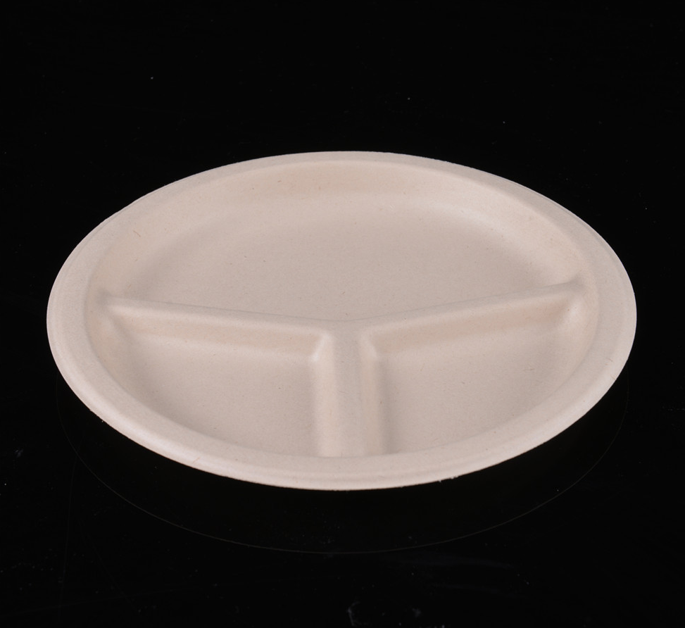 Customizable 9" 3 Compartment Greaseproof And Waterproof Eco Friendly Paper 9 Inch Sugarcane Bagasse Plate Biodegradable