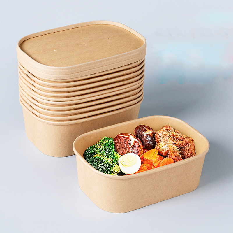 Wholesale Restaurant Take Away Food Rectangle Bowl Disposable Kraft Paper Square Bottom Salad Bowl Lunch Box With Lid