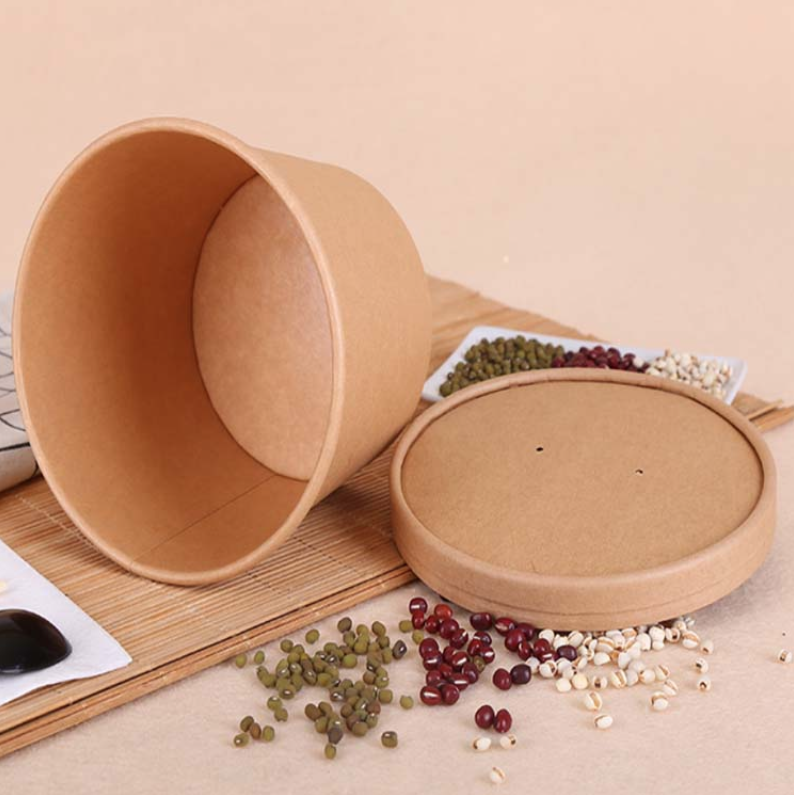 Custom Printed Disposable Take Away Hot Soup Bowls, Kraft Paper Soup Cup with Paper Lid