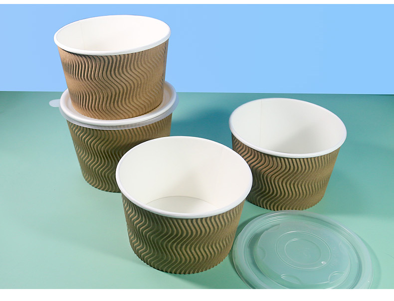 Eco Friendly Disposable Double Ripple Wall Bowl Biodegradable Round Paper Soup Bowl with Lid