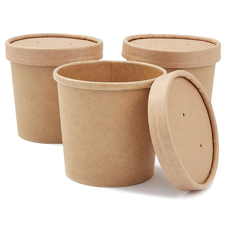 Custom Printed Disposable Take Away Hot Soup Bowls, Kraft Paper Soup Cup with Paper Lid