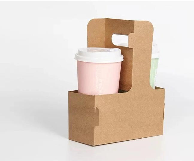 Customized Take Away Hot Drink Coffee Tea Cup Holder Disposable Kraft Paper Cup Holder with Handle