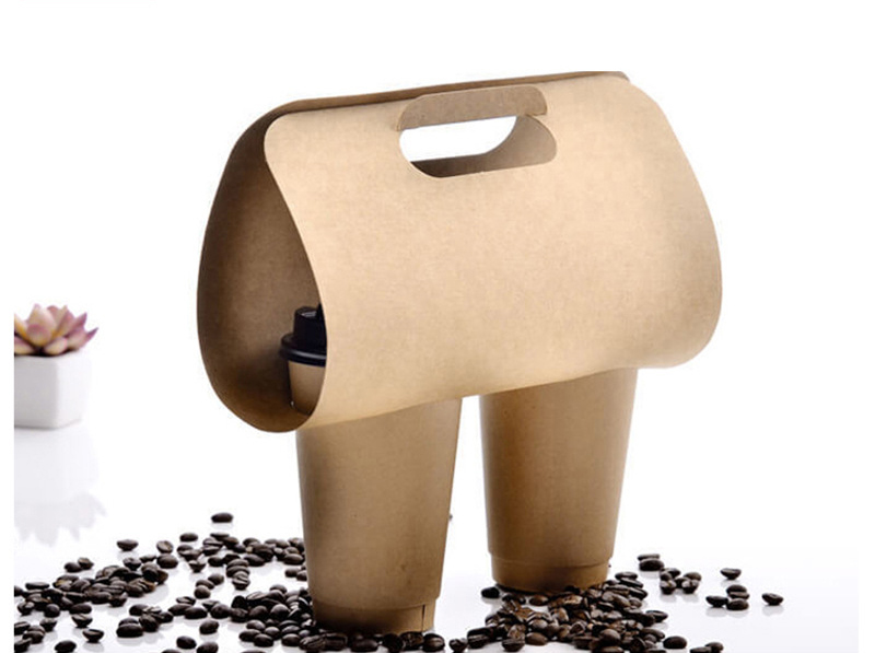 Disposable Custom Size Logo Printing Kraft Paper Hot Coffee Drink Cup Carrier with Handles